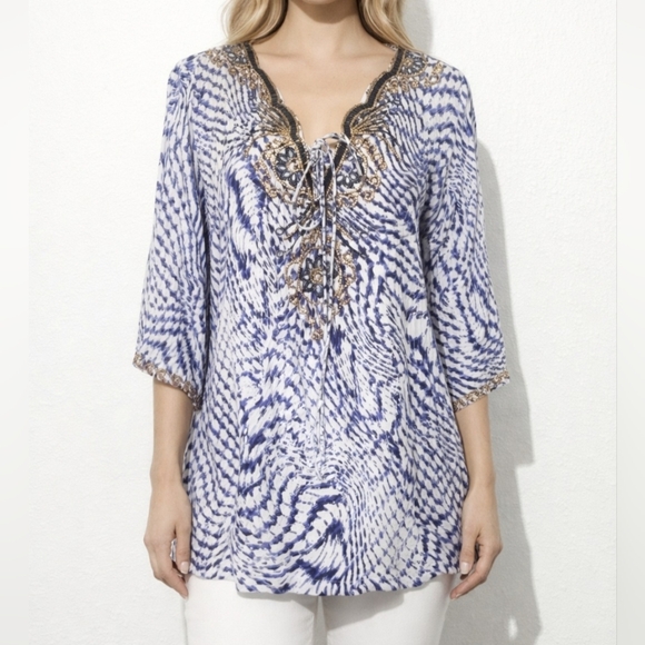 Soft Surroundings Tops - Soft Surroundings Beaded Tie Neck Tunic Blue White Rayon Boho Resort Top Large